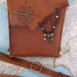 Steampunk British Tan Brown Leather bag purse extra long strap Unisex Compass windrose  Very Dashing