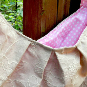 Embroidered Linen and Pink Polka Dot Pleated Hobo Purse with Adjustable Strap