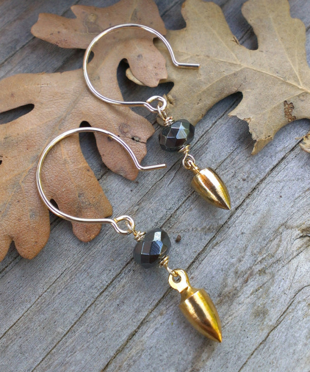 As Seen on Law & Order: SVU - Mixed Metal Earrings - Hematite Rondelle on 14k Gold Filled Earwires with 18k Plated Brass Plumb Bob