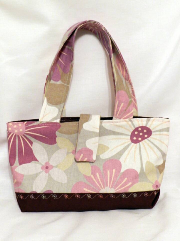 Small Brown, Tan and Pink Floral Purse or Tote with Magnetic Closure