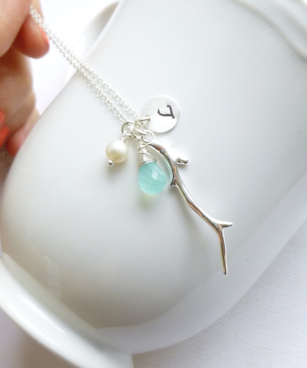 Sterling Silver Sea Treasures Birthstone Necklace -- Coral Branch -- Initial -- Choose Your Stone