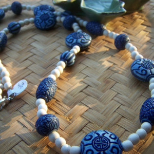 Blue Long Wooden Necklace- Boho Bohemian Earthy