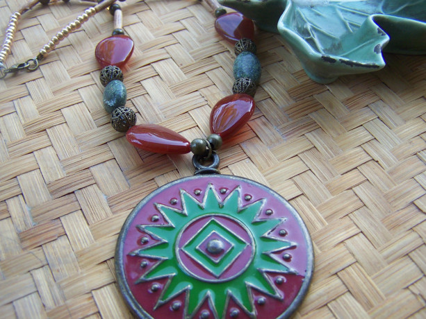 Red Sunburst Pendant Carnelian Stones Necklace
