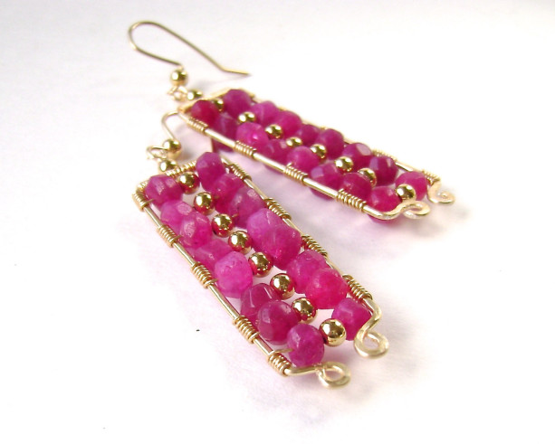 Fuchsia Pink Jade Earrings, Wire Wrapped Rectangles, Gold, Gemstone Jewelry, Berry Red, Handmade Jewelry, Gold Filled Wires,  860