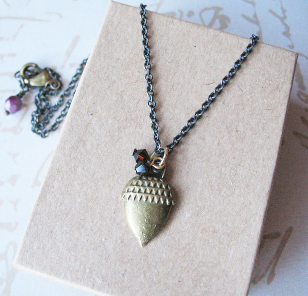 Acorn Charm Necklace. Acorn Pendant. Swarovski Jewelry. Brown Necklace.