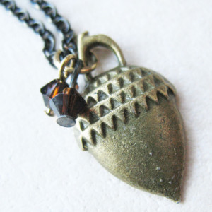 Acorn Charm Necklace. Acorn Pendant. Swarovski Jewelry. Brown Necklace.