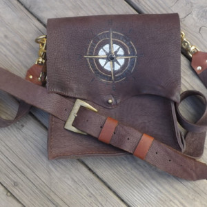 Rustic Dark Brown Leather Cross Body Bag Handmade British Tan Accents unisex windrose compass vintage buckle detachable long strap
