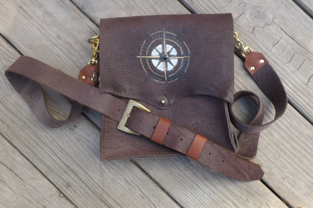 Rustic Dark Brown Leather Cross Body Bag Handmade British Tan Accents unisex windrose compass vintage buckle detachable long strap
