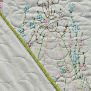 Hand Embroidered Rabbit Baby Girl Quilt Ivory Minky Backing Bunny Blanket