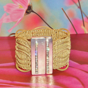 Beige Loop Braided Bracelet with a  Crystal Accented Zamak Silver Plated Magnetic Clasp.