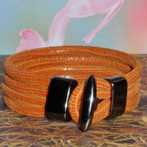 Lizard Printed Cognac Leather Bracelet, Quad Wrapped Bracelet in the color of Cognac with a Distressed  Black T bar Clasp