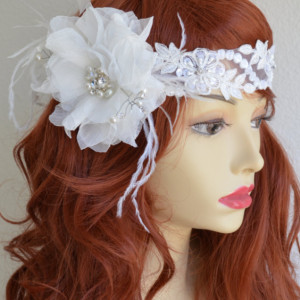 READY TO SHIP, Ivory Lace flower Headband, Flower with feathers,Art deco headband,Boho lace headband, Bridal flower headband,Flower headband