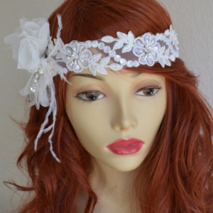 READY TO SHIP, Ivory Lace flower Headband, Flower with feathers,Art deco headband,Boho lace headband, Bridal flower headband,Flower headband