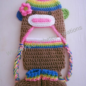 crochet rainbow sock monkey set , handmade , crocheted , rainbow , photo prop , hat, earflap , diaper cover , booties , slippers , shoes
