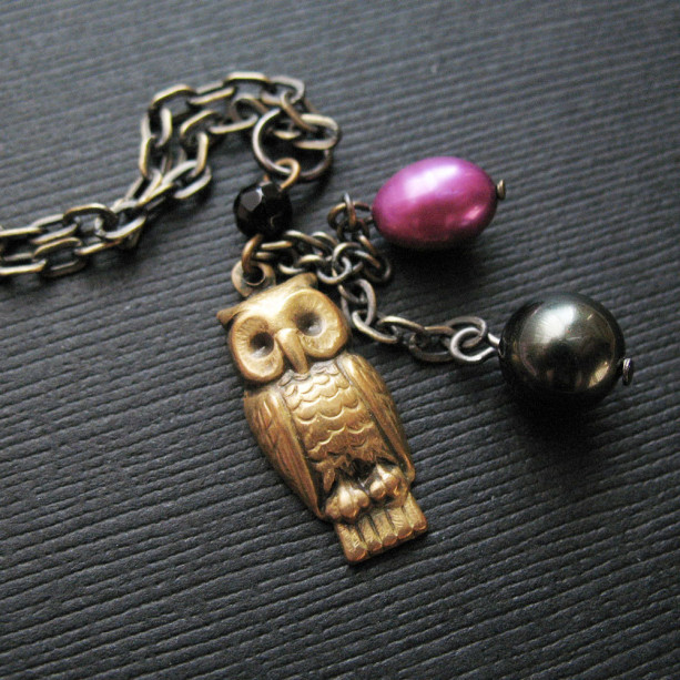 Owl Charm Necklace Bird Jewelry Black and Purple Pearl Necklace