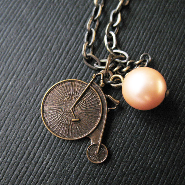 Penny Farthing Necklace Bicycle Charm Pearl Necklace Vintage Inspired Jewelry
