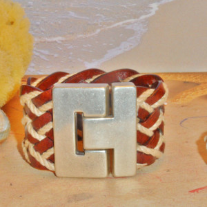 Brown Leather and Jute Bracelet with a Zamak Silver Plated Magnetic Clasp.  Womens Leather Cuff Bracelet