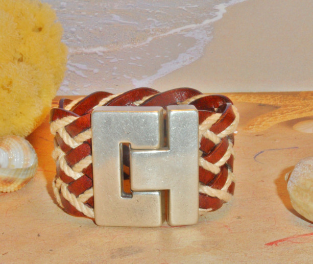 Brown Leather and Jute Bracelet with a Zamak Silver Plated Magnetic Clasp.  Womens Leather Cuff Bracelet