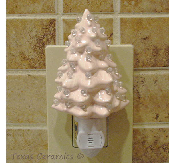 Soft Pink Ceramic Christmas Tree Night Light with Light Sensitive | aftcra
