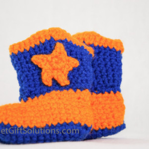 Blue and Orange Newborn 0-3 month Cowboy Baby Booties with Stars Ready to Ship, Western Baby Booties, Star Baby Booties