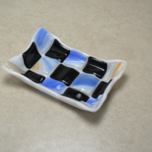 Blue black and tan Mosaic fused glass soap dish.