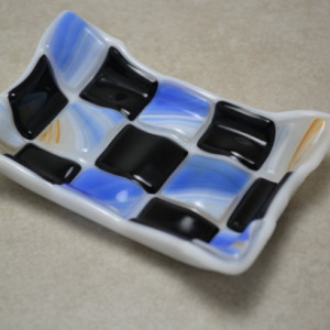 Blue black and tan Mosaic fused glass soap dish.