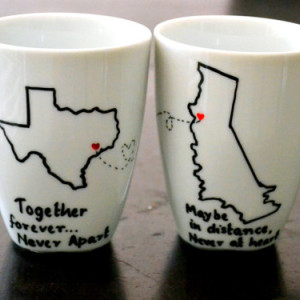 Long Distance Relationship Mugs - State To State Coffee Mug Set Of 2 - Custom Cities States & Message - 10 oz