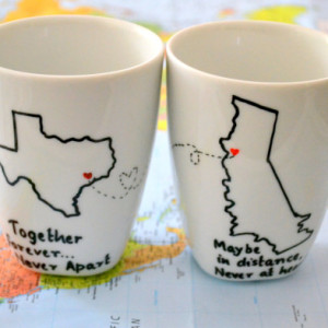 Long Distance Relationship Mugs - State To State Coffee Mug Set Of 2 - Custom Cities States & Message - 10 oz