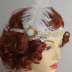 READY TO SHIP, Lace Feather headband, Rhinestone beaded headband,1920s headpiece,Gold headband,Downton Abbey headpiece,Gatsby, ivory lace