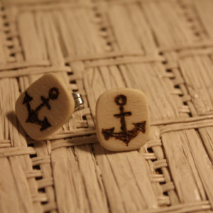 Anchor Earrings. Wood studs with wood burned anchor design.