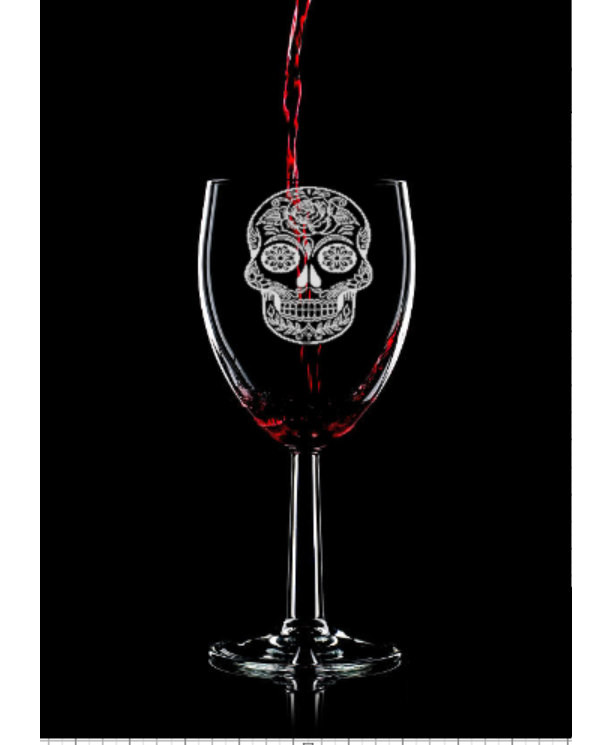 Sugar Skull Hand Etched Wine Glass
