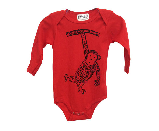 Long-Sleeve Red Monkey Baby Onesie Cotton American Apparel One-Piece Bodysuit