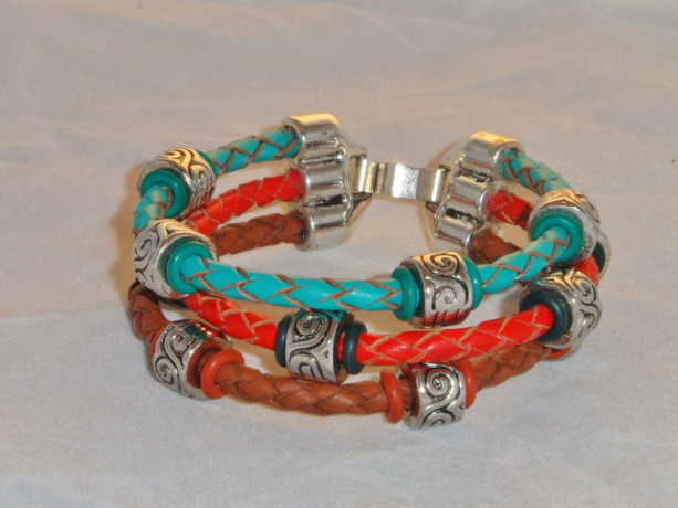 Turquoise, Brown, and Red Braided Leather Wrap Bracelet with Silver Metal Spacer Beads and  A Triple Tube Fold Over Clasp, Womens Cuff