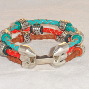 Turquoise, Brown, and Red Braided Leather Wrap Bracelet with Silver Metal Spacer Beads and  A Triple Tube Fold Over Clasp, Womens Cuff