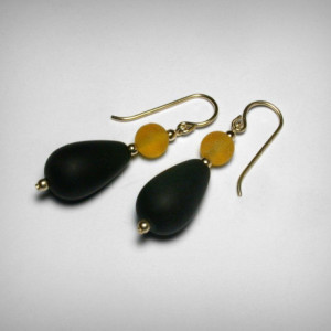 Sea Glass Earrings, Black and Gold Earrings, Team Colors, 14K Yellow Gold Filled, Team Color Jewelry, School Color Jewelry, SeaGlass Earring