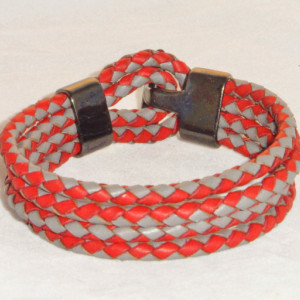 Red and Gray Leather Bracelet, Red & Gray Quad Wrapped Leather Braided Bracelet with Plumbum Black Colored T-Bar Clasp
