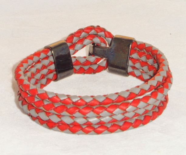 Red and Gray Leather Bracelet, Red & Gray Quad Wrapped Leather Braided Bracelet with Plumbum Black Colored T-Bar Clasp
