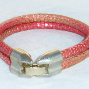 Ruby Red Metallic Reptile Printed  Soft Leather Bracelet with a Double Barrel Platinum Fold Over Clasp.