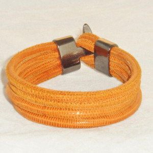 Lizard Printed Cognac Leather Bracelet, Quad Wrapped Bracelet in the color of Cognac with a Distressed  Black T bar Clasp