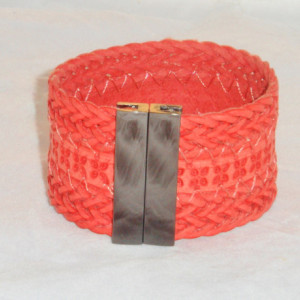 Red Embossed Braided Cuff Bracelet with Rectangular Super Strong Black Magnetic Clasp