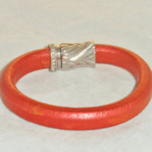 Red Metallic Copper Leather Bracelet With a White Gold Filled  Crystal Accented Snap Clasp.
