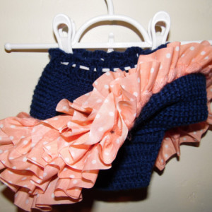 Girls Crochet Ruffle Skirt, The Parisian,  Navy Blue with Pink Polka Dot Ribbon Ruffle