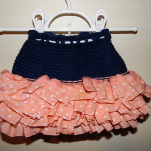 Girls Crochet Ruffle Skirt, The Parisian,  Navy Blue with Pink Polka Dot Ribbon Ruffle