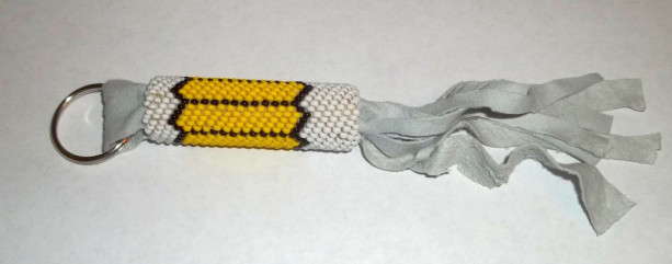 Honey Bee Yellow/white Geomectric Beaded Keyring Fob, Native American-style Key Chain Fob, Leather Tasseled Key Chain, Yellow Key Fob