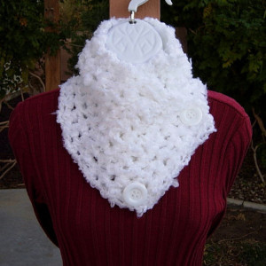 NECK WARMER SCARF Buttoned Cowl Solid Pure White, Soft Acrylic Thick Bulky Crochet Knit Scarflette, White Buttons..Ready to Ship in 3 Days