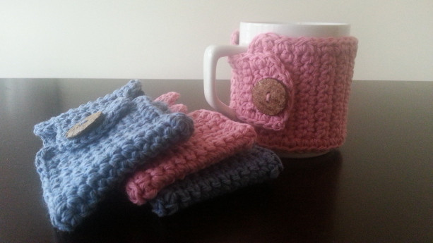 Coffee Mug Cozies in Blue & Pink 4 pc Set
