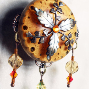 Large orange vintaj brass leaf crystal pendant, vintaj brass and epoxy resin jewelry