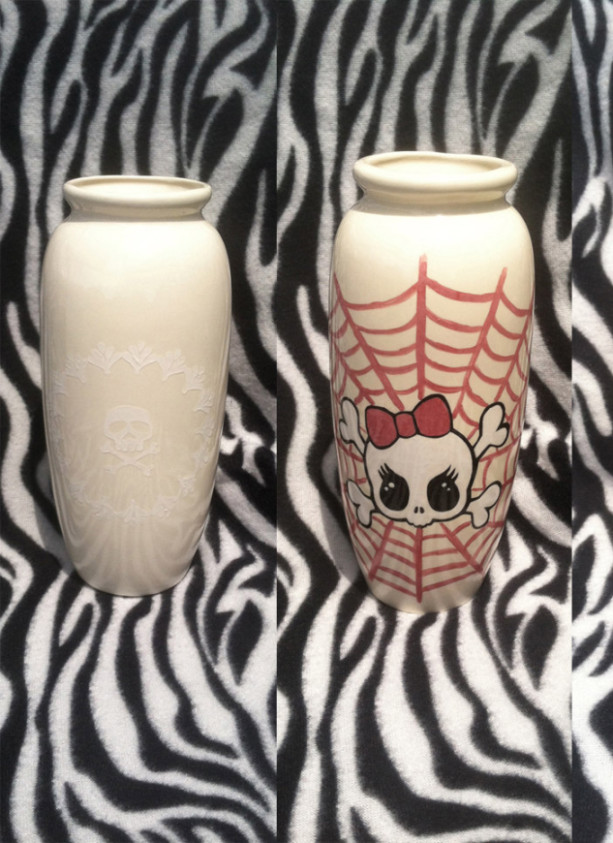 Large Tattoo Skull Flower Vase Pink Girlie White Filigree OHIO USA Handmade Ceramic Pottery