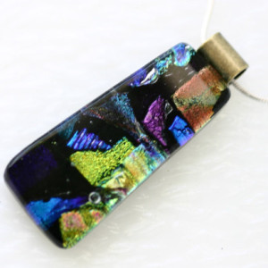 Picasso Dichroic Fused Glass Pendant Necklace Jewelry Blue Green Lime Yellow Black Fused Glass Pendant Dichroic Antique Brass Necklace 01143