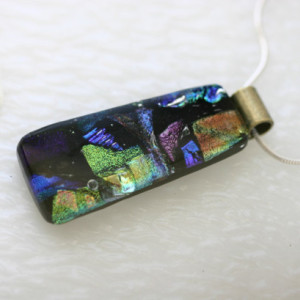 Picasso Dichroic Fused Glass Pendant Necklace Jewelry Blue Green Lime Yellow Black Fused Glass Pendant Dichroic Antique Brass Necklace 01143